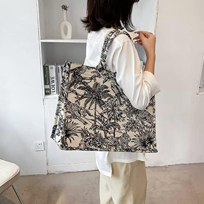 Large capacity handbag linen cotton flower embroidery retro exquisite doodle fashion shopping bag