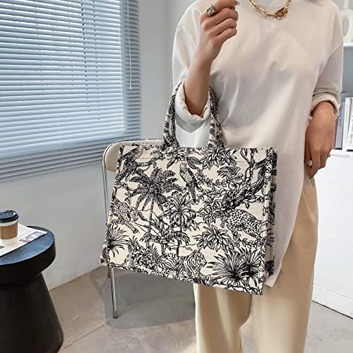 Large capacity handbag linen cotton flower embroidery retro exquisite doodle fashion shopping bag