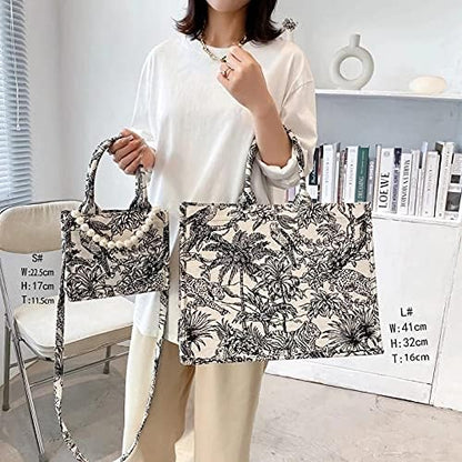 Large capacity handbag linen cotton flower embroidery retro exquisite doodle fashion shopping bag