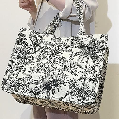 Large capacity handbag linen cotton flower embroidery retro exquisite doodle fashion shopping bag