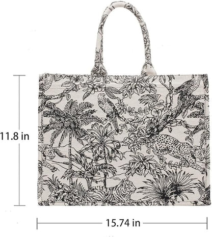 Large capacity handbag linen cotton flower embroidery retro exquisite doodle fashion shopping bag