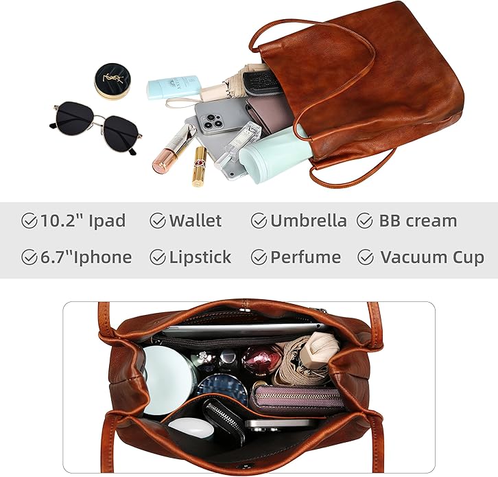 Iswee Leather Shoulder Bags for Women Vintage Tote Bag Ladies Purses and Handbags Soft Everyday Bucket Purse for Work